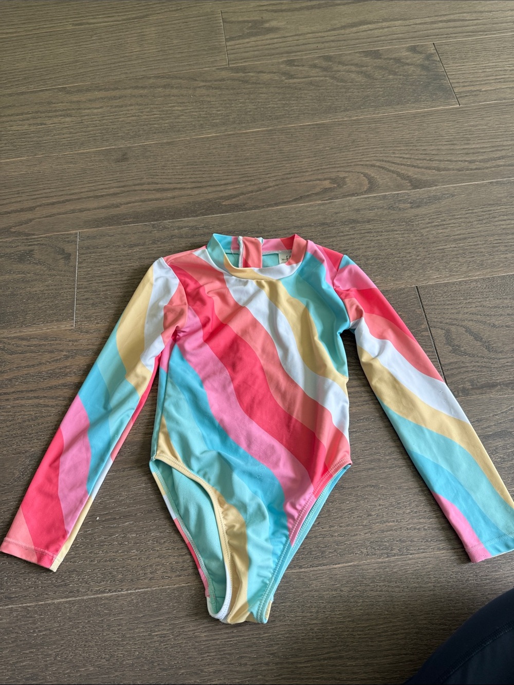 Kids Long-Sleeve Rainbow Stripe Rash Guard Swimsuit - Pink, Blue & Yellow